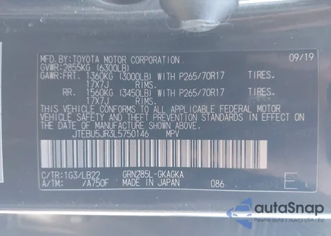 2020 Toyota 4Runner Sr5 Premium z USA, uszkodzony, nr VIN JTEBU5JR3L5750146